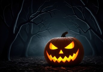 A spooky jackolantern glows menacingly in a dark, foggy forest on halloween night