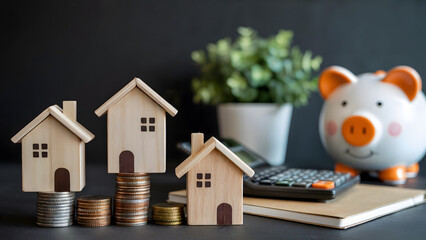 Dreaming of home ownership saving money with piggy bank and wooden houses