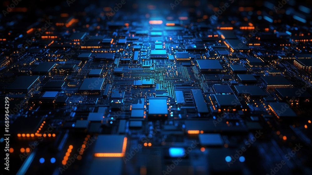 Poster close-up view of a complex electronic circuit board with blue and orange illuminated components crea