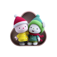 Two cute cartoon characters wearing Santa hats and winter clothing embracing