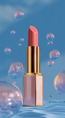 A sleek pink-toned lipstick stands tall against a whimsical sky of bubbles, with a water-like surface below, creating a dreamlike, surreal cosmetic scene