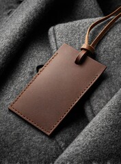 Close-up of a brown leather tag with a thin strap on a textured gray fabric background, softly lit