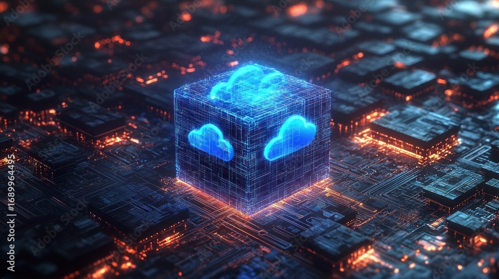 Poster glowing blue digital cube with cloud symbols hovering over a dark futuristic circuit board emitting 