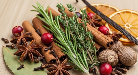 Festive winter spices and herbs create warm holiday vibes for culinary designs or seasonal promotions