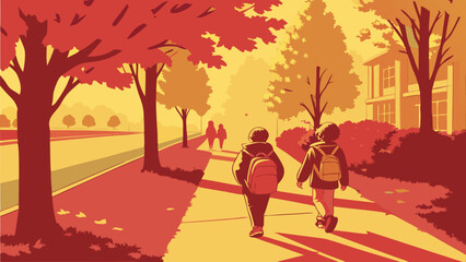 Autumn Sidewalk Stroll: Two Students with Backpacks Walking Past Trees and Building in Warm Hues, Back to School Illustration