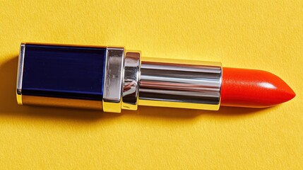 A vibrant, red lipstick is displayed against a bright yellow background. The lipstick has a navy-blue cap and silver accents. A single light source creates shadows