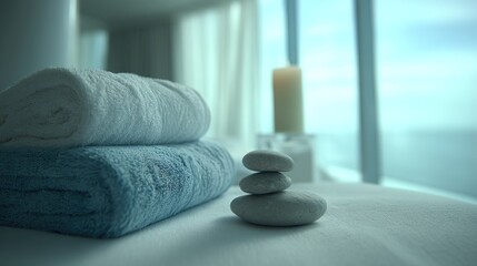 Serene spa scene features stacked towels, smooth stones, & a candle on a table bathed in soft light, with a blurred coastal view through the window