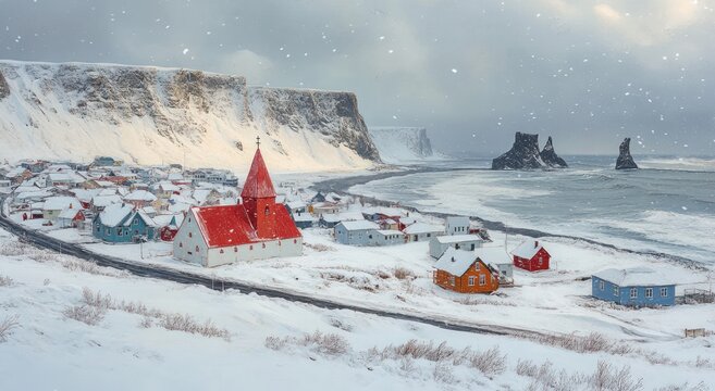Snow-covered coastal village with colorful houses and a red-roofed church under cloudy sky with snowflakes falling and ocean waves crashing near rocky outcrops