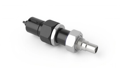 Fuel injector with metallic hexagonal fittings on white background  