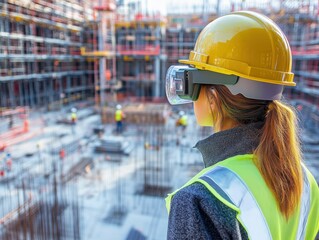 Advanced construction site with human-machine collaboration, AR glasses, and digital project management interface