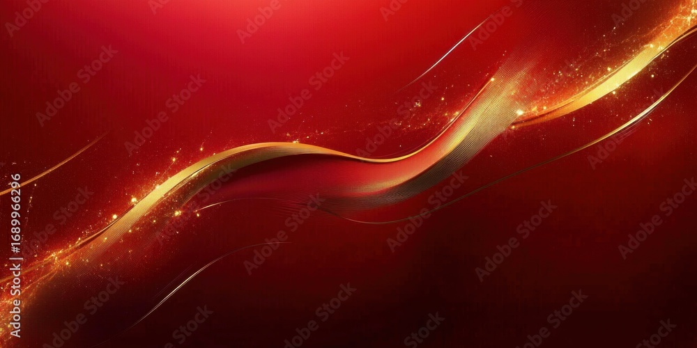 Poster abstract flowing golden wave with glowing particle effects on deep red background creating a dynamic