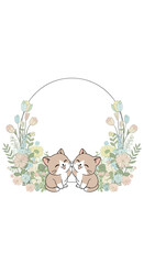 Adorable cartoon twin kittens sitting in a floral wreath with a blank circle for text
