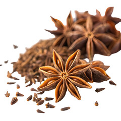 Star Anise Spice: Close-up of Whole and Ground Star Anise Seeds on transparent background