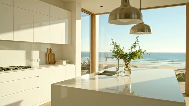 Coastal chic kitchen interior design with ocean view, modern luxury beach home, light and airy gourmet cooking space, contemporary architectural style