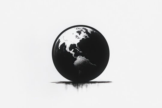 Black and white abstract globe showing North and South America casting a faint reflection on a white surface, evoking minimalism and contemplation