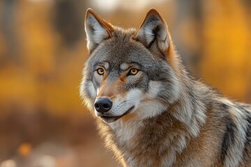 Naklejka premium close-up of a grey wolf with striking amber eyes in a soft golden yellow autumn background, showcasing thick fur and alert expression