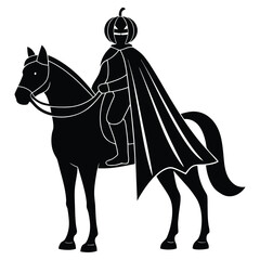 A black silhouette of a headless horseman on a white background