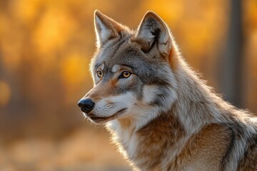 Obraz premium Profile of a grey wolf with alert amber eyes against a golden blurred natural background, conveying a sense of wild calm and focus