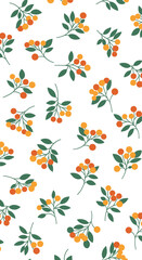 Autumn berry branches with green leaves on a white background repeating pattern
