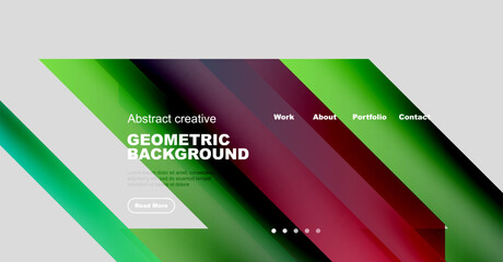 Abstract website mockup. Colorful geometric shapes create dynamic background. Navigation menu visible, button present. Modern design.