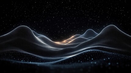 Abstract digital landscape with flowing wave-like mesh pattern illuminated by glowing points against a starry night sky