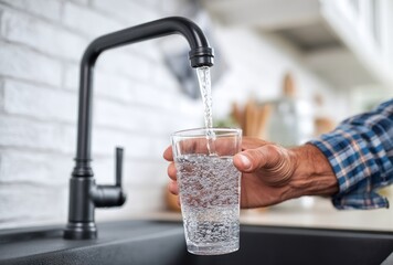 A hand holds a glass under a matte-black faucet, filling it with water. Blurred kitchen background. Soft, natural lighting. Clean and serene