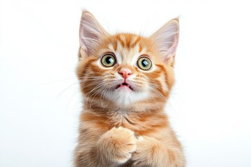 Close-up of a surprised orange tabby kitten with wide green eyes and soft fur looking upwards against a white background