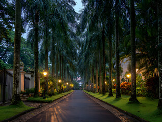 Obraz premium Palm Tree Lined Road at Dusk