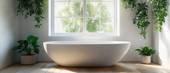 Minimalist bathroom with a modern freestanding oval bathtub bathed in natural light from a large window surrounded by hanging and potted green plants