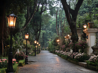 Obraz premium Lamp Post Lined Walkway in Garden