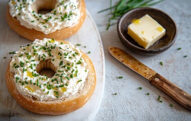 Two bagels topped with cream cheese and chopped chives on a wooden board next to a rustic knife and a small dish of butter with olive oil drizzle on a light textured surface