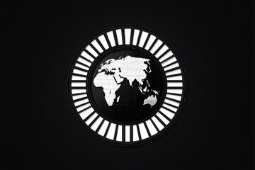 Black and white high contrast circular design featuring a detailed world map focusing on Africa, Europe, and Asia with radial light bars surrounding it on a dark background