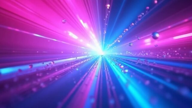Abstract shiny neon colored pink and blue liquid light beams and glowing particles flying towards the camera. Vibrant, energetic VJ motion background.