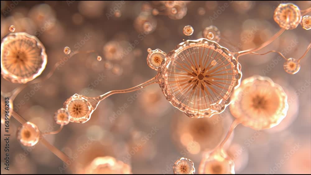 Poster exploring the intricate details of microscopic life in a dynamic environment with floating organisms