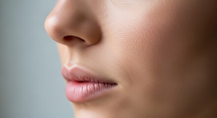 Obraz premium Close-up of a woman's face, focusing on the nose and lips in soft, natural light
