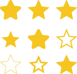 Star rating icons, solid, outlined, partial fill, 3x3 grid, feedback, review system, vector illustration for evaluation, score, UI design use