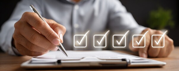A hand with a pen hovering over a checklist on a clipboard, featuring glowing checkmarks in boxes. Focus on accuracy and review process