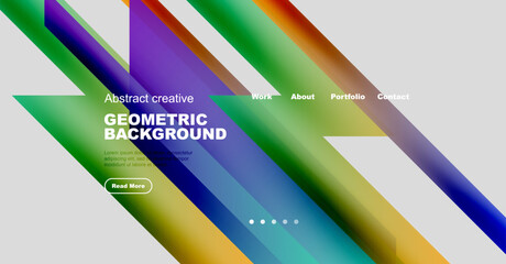 Colorful geometric design. Website header with text, button, navigation elements. Modern abstract background for digital presentation.