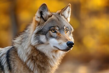 Obraz premium Close-up of a calm wolf with amber eyes in a natural setting with autumn-colored blurred background