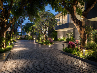 Fototapeta premium House driveway with stone pavement and garden lighting