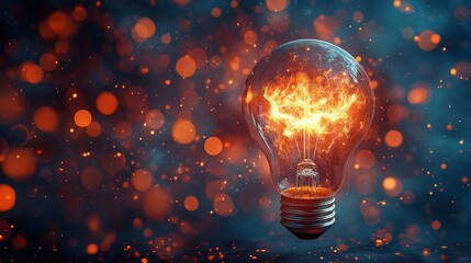 Glowing light bulb with fiery orange filament surrounded by vibrant glowing particles on a dark background expressing creativity and energy