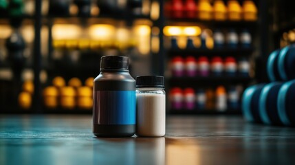 sports nutrition products like protein powder on blurred background
