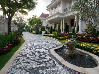 Obraz premium Luxury house exterior with stone path and fountain