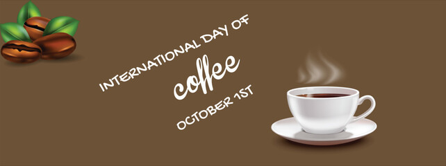 Happy International Coffee Day celebration with a cup of coffee and beans on a rustic wooden background, coffee day, world international coffee day 