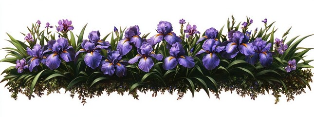 Cluster of vibrant purple iris flowers with green leaves set against a white background