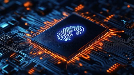 Close-up of a microchip with a glowing blue fingerprint symbol on its surface surrounded by orange illuminated circuit pathways