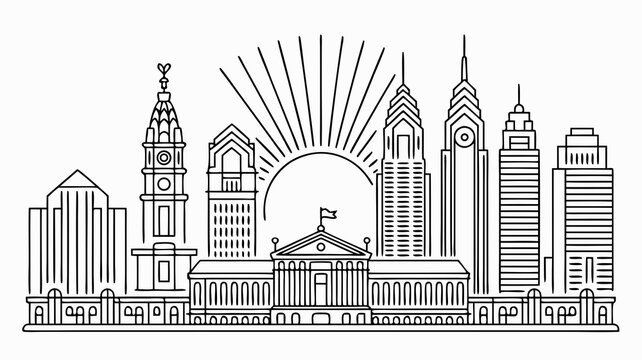 Philadelphia Skyline Vector Illustration with Rising Sun and City Hall, Showing a Famous Cityscape Landmark