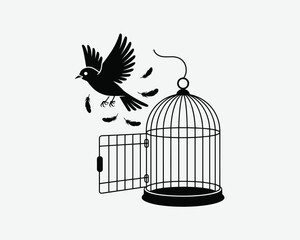 Fototapeta premium Silhouette of a bird flying free from an open cage, a symbol of freedom and new beginnings