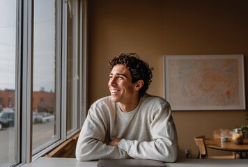 Young man with curly hair sits by a window, smiling, a laptop resting on the table. Warm interior with muted colors and sunlight