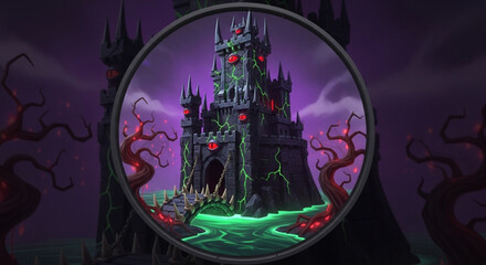 Obraz premium Explore the haunted castle illustration with spooky eyes and dark fantasy landscape vector design art image
